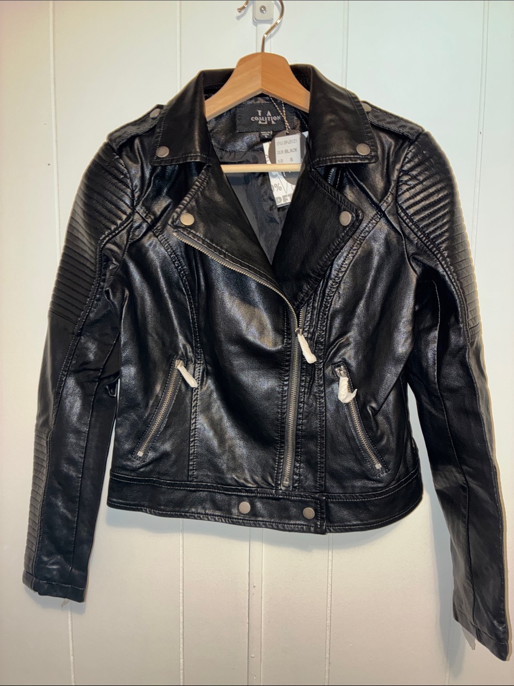La Coalition Black Faux Leather Moto Jacket with Quilted Shoulders